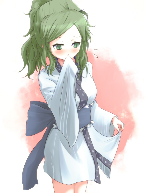 alternate_hairstyle blush covering covering_face covering_mouth frog green_eyes green_hair hair_ornament iru_(konoheyaniou) japanese_clothes kimono kochiya_sanae obi ponytail solo touhou yukata