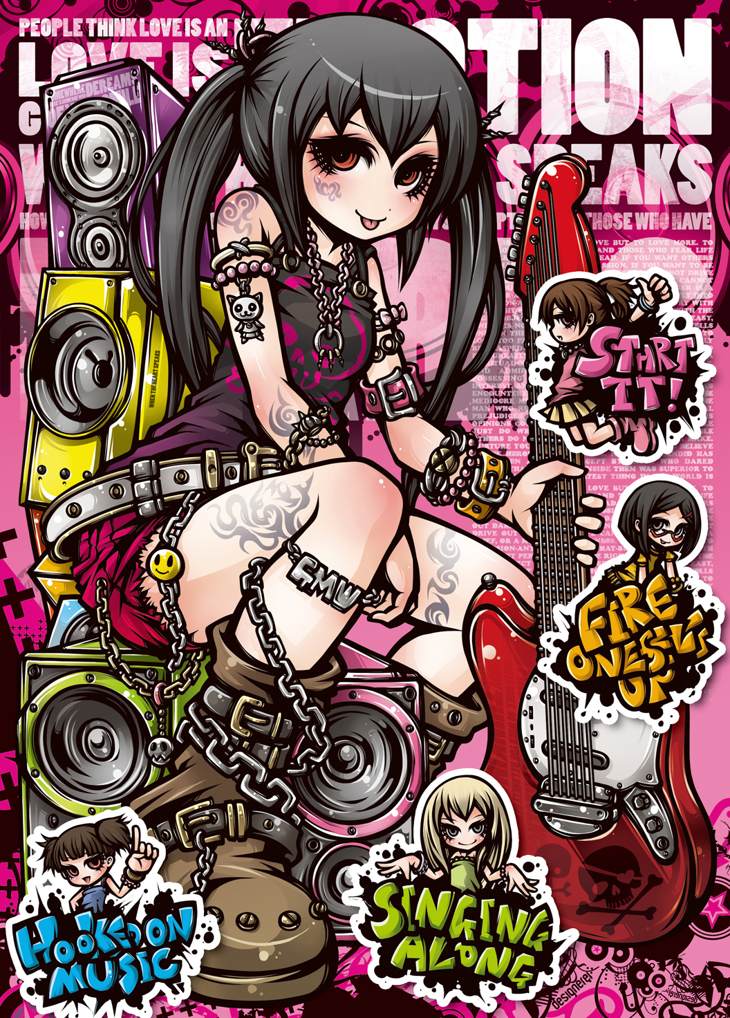 black_hair blonde_hair boots brown_hair chain chains guitar highres hirasawa_ui instrument k-on! multiple_girls nakano_azusa okuda_(k-on!) okuda_nao project.c.k. saitou_sumire suzuki_jun tattoo twintails