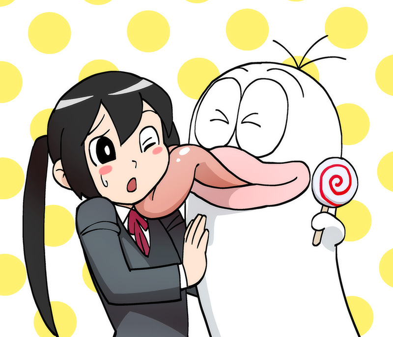 doraemon doraemon_(character) fujiko_f_fujio_(style) k-on! licking nakano_azusa obake_no_q-tarou parody q-tarou style_parody twintails ueyama_michirou