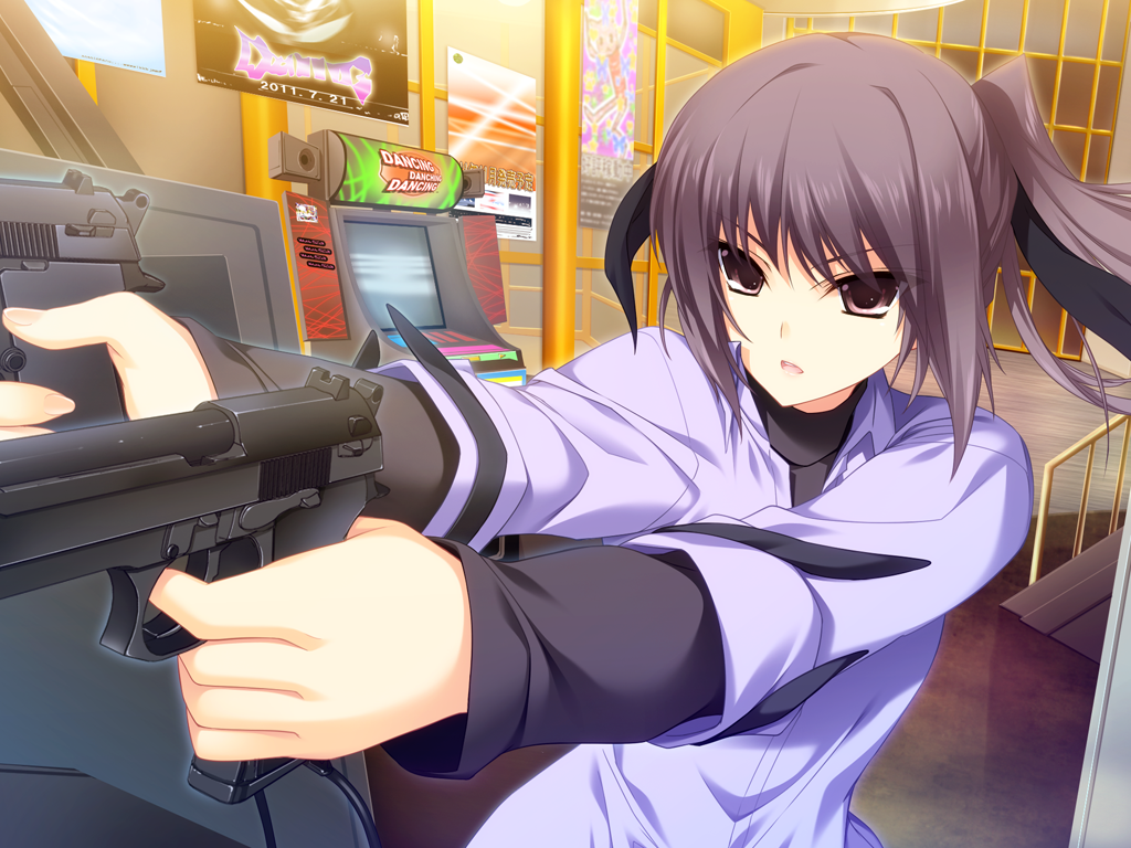 arcade beretta_(weapon) brown_eyes game_cg grey_hair gun hair_ribbon iizuki_tasuku inubousaki_aya long_hair lovely_x_cation pistol ponytail weapon