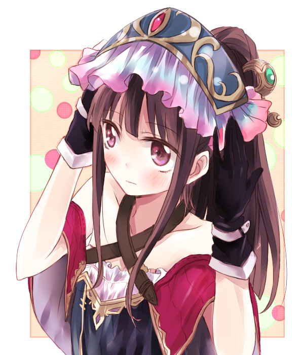 atelier_totori bare_shoulders black_gloves black_hair blush cosplay gloves hat long_hair maromi_(am97) mimi_houllier_von_schwarzlang ponytail red_eyes simple_background solo totooria_helmold totooria_helmold_(cosplay)
