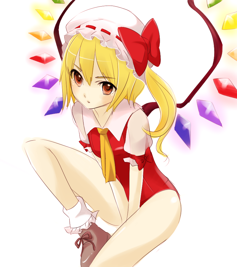 ascot bare_legs blonde_hair bobby_socks bottomless breasts brown_eyes flandre_scarlet hat no_pants red_eyes ribbom see-through shino312 short_hair side_ponytail small_breasts socks solo swimsuit the_embodiment_of_scarlet_devil touhou v_arms wings