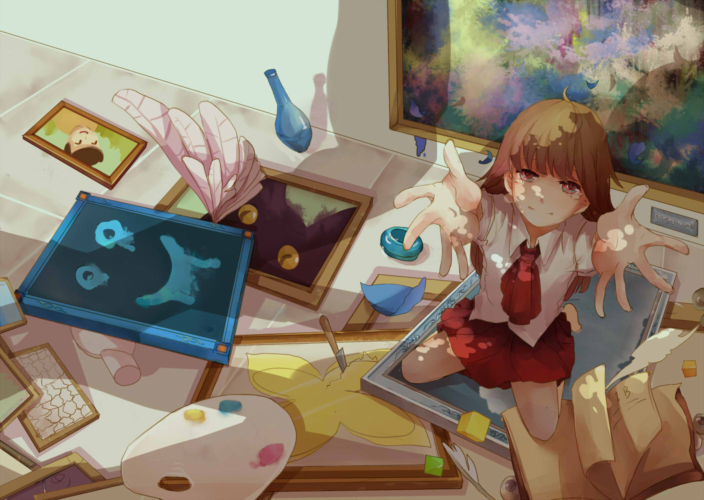 1girl arms_up book brown_hair carry_me ib ib_(ib) indoors kneeling knife long_hair looking_at_viewer painting_(object) palette paper red_eyes school_uniform smile tears vase xiaohan6th