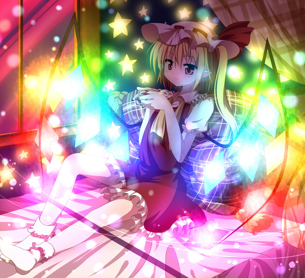 bed blonde_hair bobby_socks colorful cup flandre_scarlet haiiro_(immature) hat holding pillow pointy_ears red_eyes side_ponytail sitting socks solo star teacup the_embodiment_of_scarlet_devil touhou untied white_legwear wings