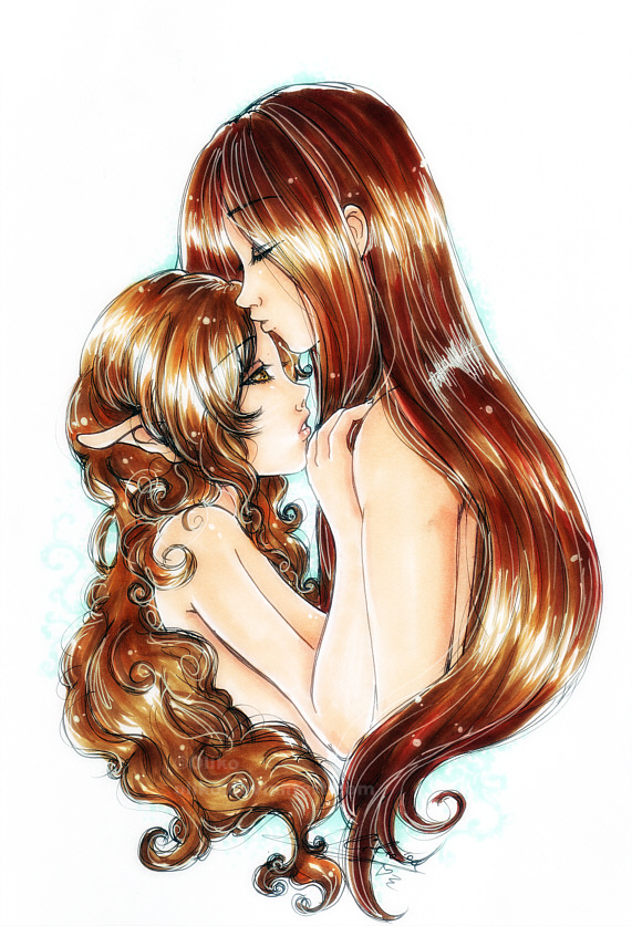 brown_hair couple curly_hair kiss nude oliko