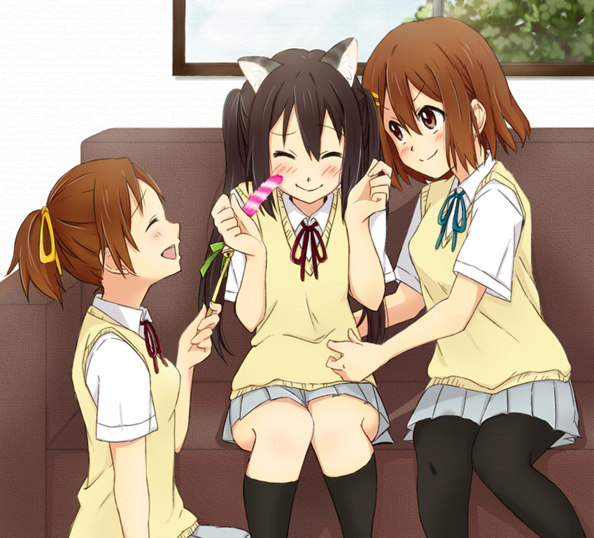 bad_id black_hair brown_eyes brown_hair cat_ears cat_teaser hirasawa_ui hirasawa_yui k-on! long_hair mirin_(youton_jou) nakano_azusa pantyhose ponytail school_uniform short_hair tickling twintails