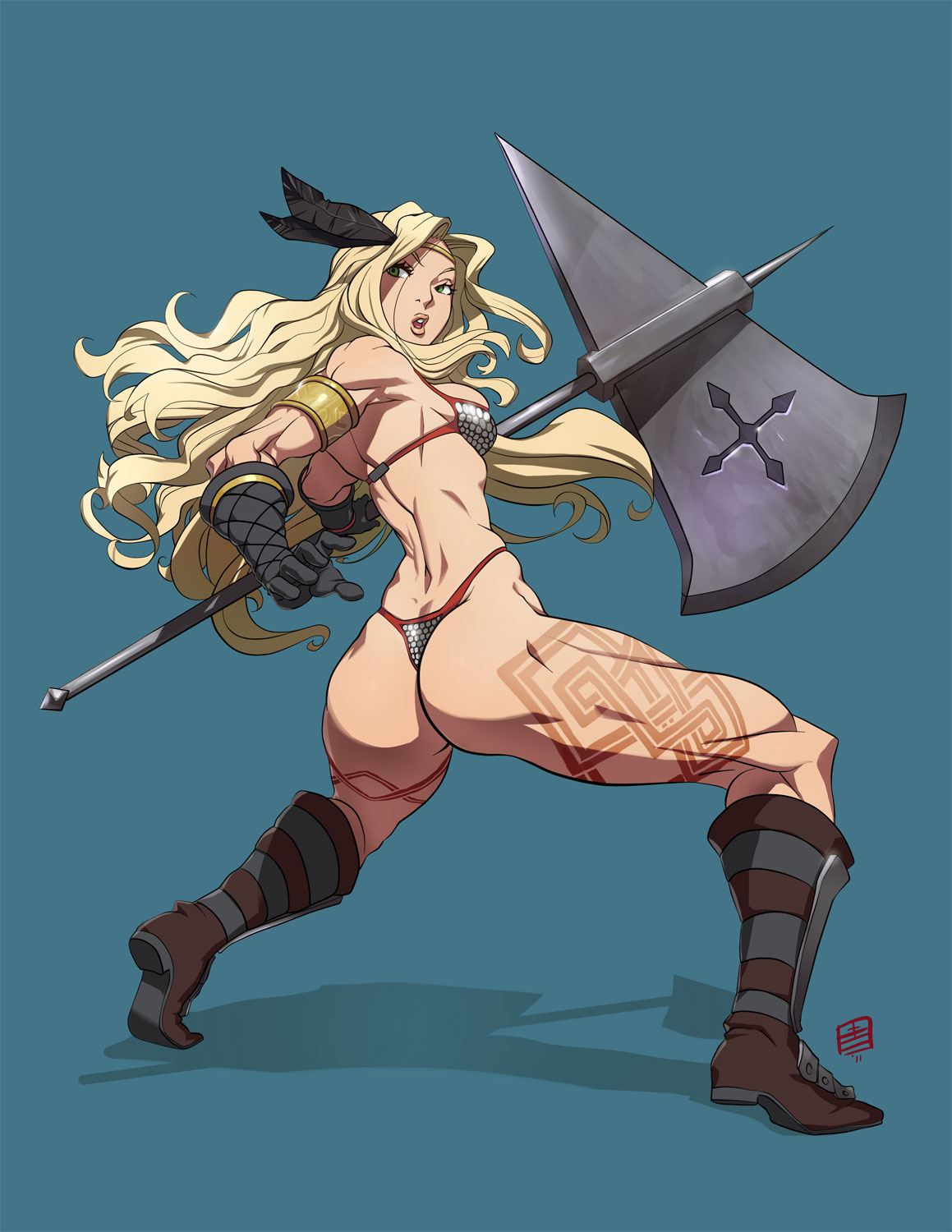 amazon_(dragon's_crown) amazon_(dragon's_crown) armlet armor armpit ass axe bikini_armor blonde_hair boots breast circlet dragon's_crown dragon's_crown feathers gloves green_eyes highres long_hair muscle muscles qiqo solo tattoo thick_thighs thighs weapon