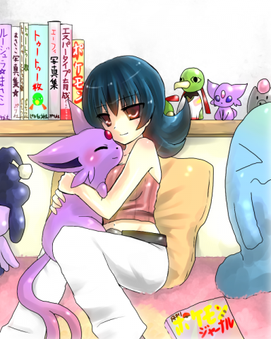 1girl bare_shoulders belt black_hair camisole espeon figure gym_leader hug lowres magazine midriff mime_jr mime_jr. natsume_(pokemon) natu pillow plush pokemon pokemon_(creature) pokemon_(game) pokemon_heartgold_and_soulsilver pokemon_hgss red_eyes sitting smile spoink wobbuffet xatu