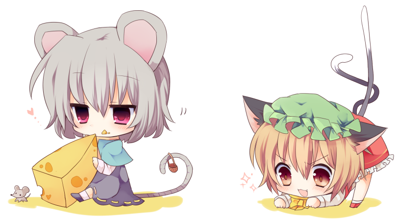 :3 all_fours animal_ears basket blush brown_eyes brown_hair capelet cat_ears cat_tail cheese chen chibi dress eating fang grey_dress grey_hair hat heart mouse mouse_ears mouse_tail multiple_girls multiple_tails nazrin red_dress red_eyes short_hair sitting sparkle tail touhou yukiusagi_(paretto)