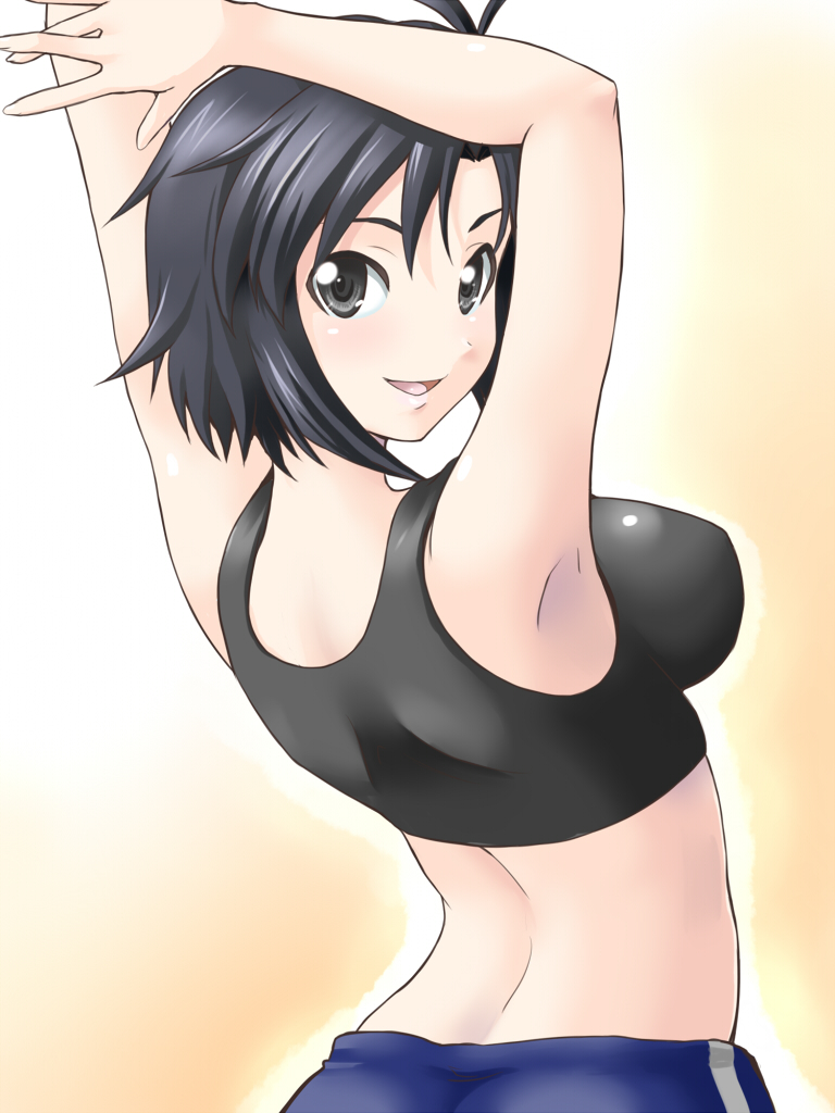 arms_up black_eyes black_hair blush breasts from_behind idolmaster kikuchi_makoto looking_back midriff short_hair smile solo sports_bra yaso_shigeru