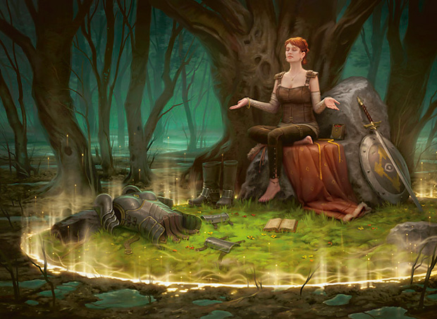 anklet armor barefoot book boots fantasy grass hair_bun jewelry light low_res magic:_the_gathering magic_the_gathering meditating nature official_art paladin realistic red_hair redhead rock shield sitting swamp sword weapon