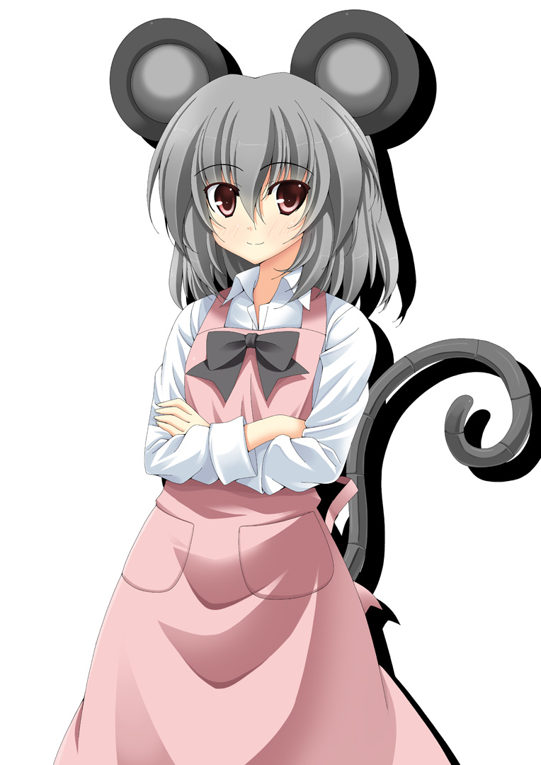1girl alternate_costume animal_ears apron crossed_arms grey_hair long_sleeves looking_at_viewer mouse_ears mouse_tail nazrin pink_eyes rapattu simple_background smile solo tail touhou white_background