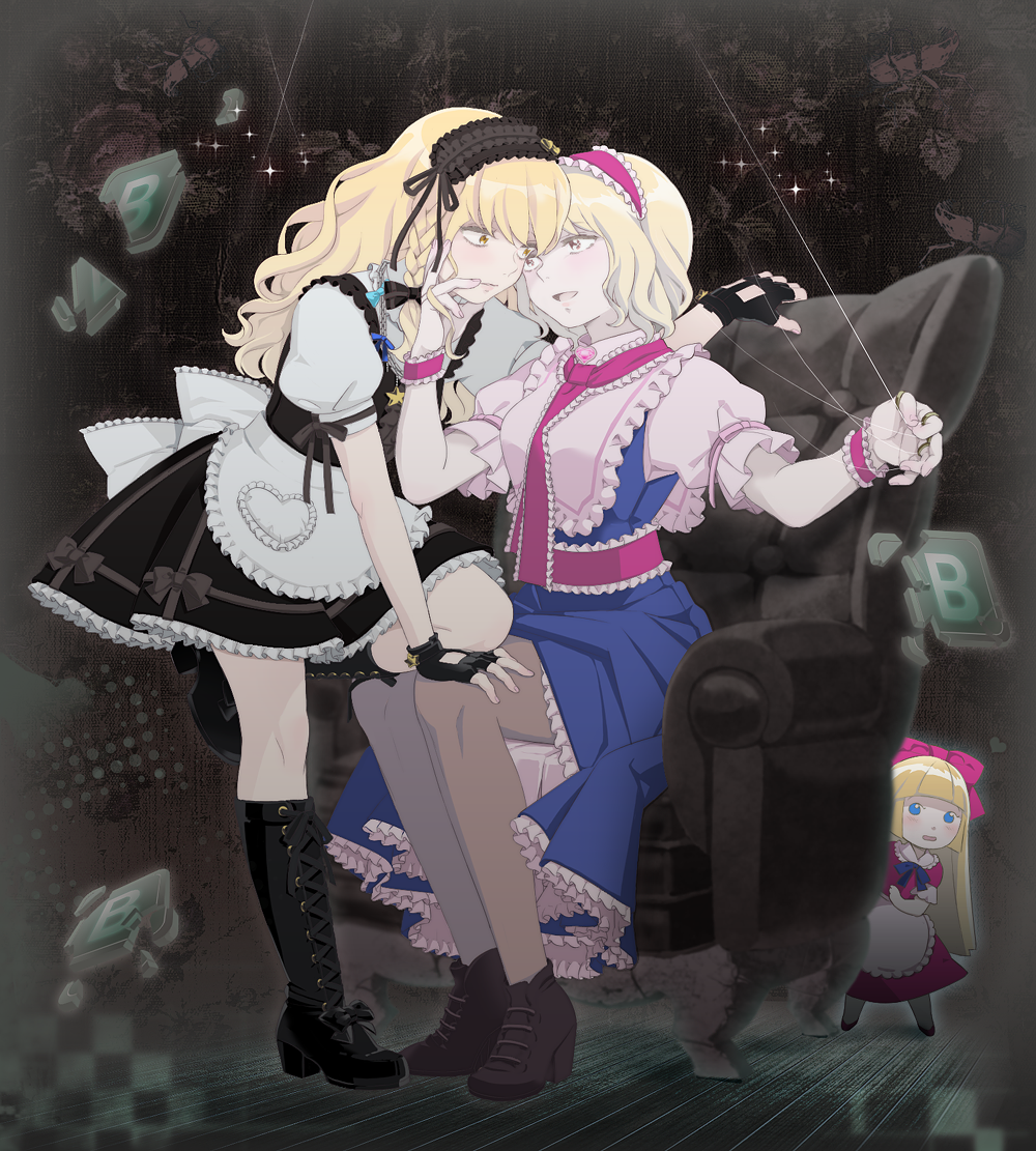 alice_margatroid bad_id blonde_hair boots brown_legwear chair cross-laced_footwear doll face-to-face face_to_face fingerless_gloves frills gloves hairband kirisame_marisa lace-up_boots long_hair multiple_girls ofuton_zeb pantyhose power-up shanghai short_hair sitting string touhou yellow_eyes yuri