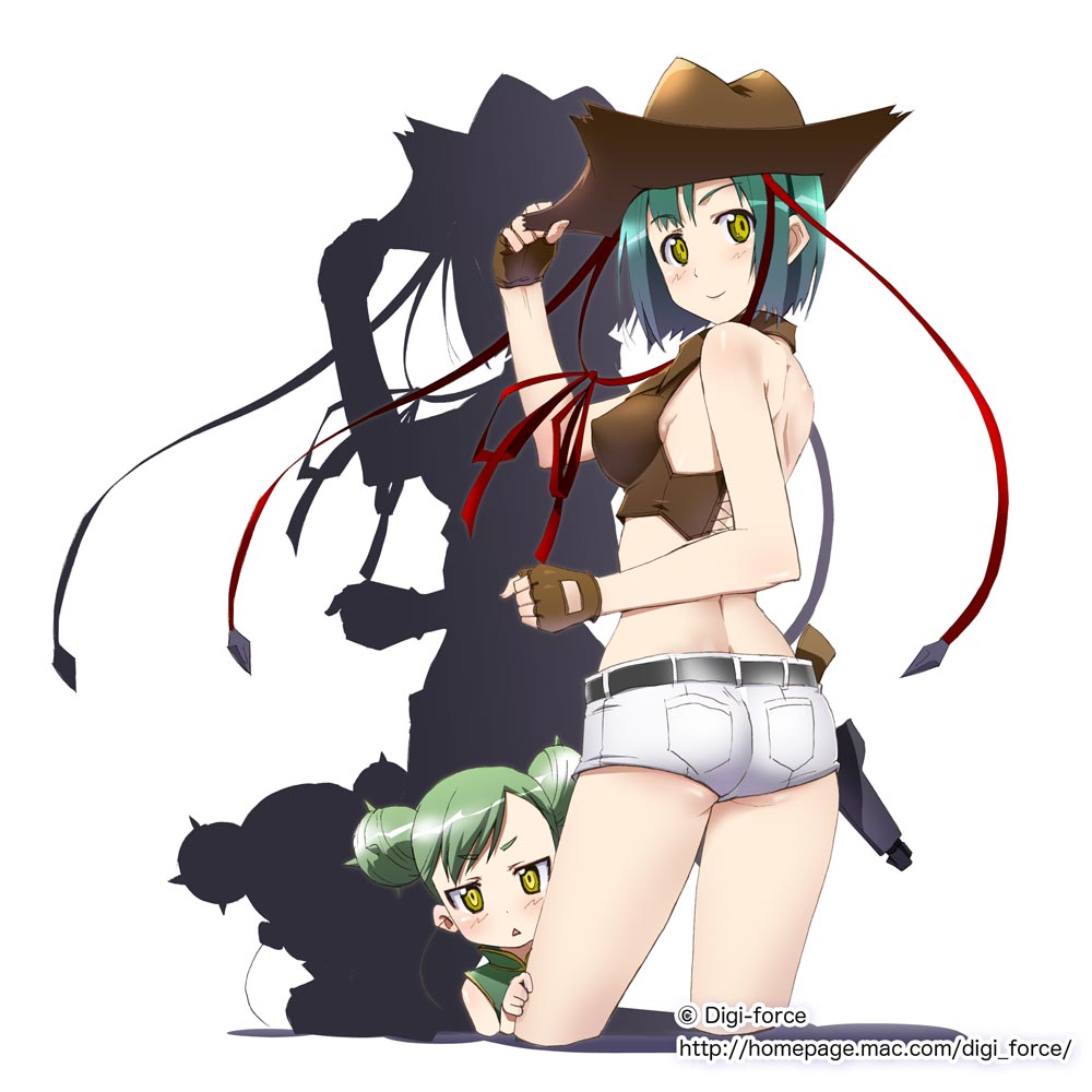 2girls arksign ass bare_back bare_shoulders blush buns bustier cactus character_request cow_girl cowboy cowboy_hat cowgirl cropped_legs double_bun fingerless_gloves from_behind gloves green_hair gun hair_buns hand_on_hat hat holster kimura_tatsuki lingerie looking_back multiple_girls personification ribbon short_hair short_shorts shorts simple_background stare tareme tsurime underwear weapon western yellow_eyes