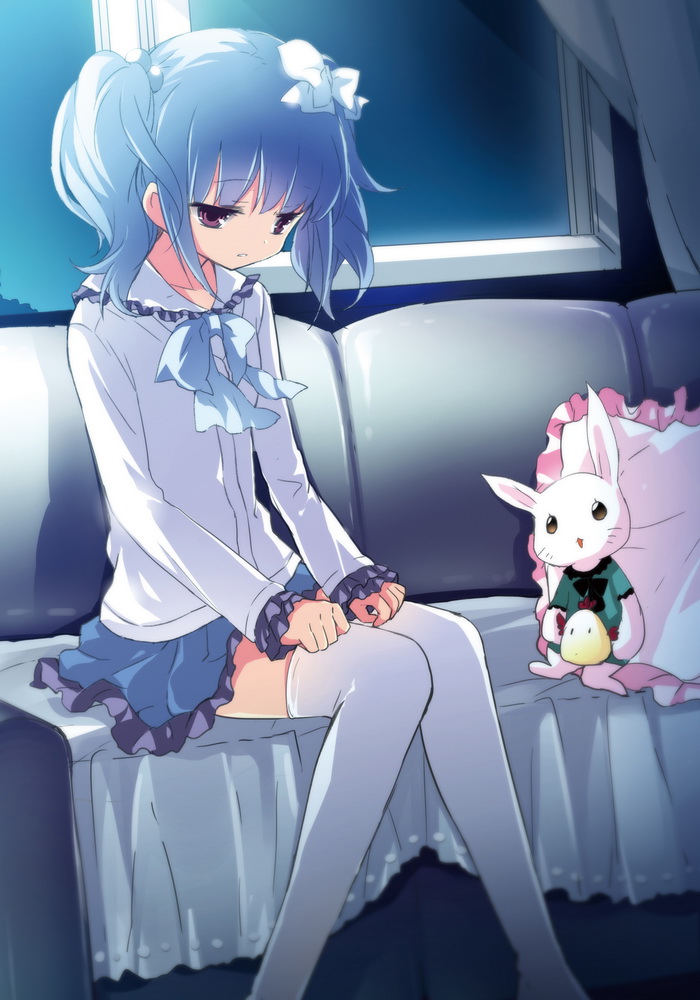 blue blue_hair bow bowtie chiyingzai couch hair_bobbles hair_bow hair_ornament hands_on_lap looking_down night original pillow pink_eyes purple_eyes sad short_hair sitting skirt solo stuffed_animal stuffed_bunny stuffed_toy thigh-highs thighhighs twintails violet_eyes white_legwear window zettai_ryouiki