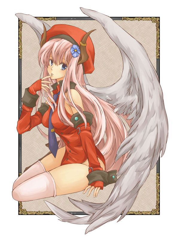 alice_soft alicesoft blue_eyes breasts detached_sleeves frame hair_ornament hat horns la_hawzel long_hair necktie rance_(series) solo text thigh-highs thighhighs thighs to-masu touyama_(terada) wings