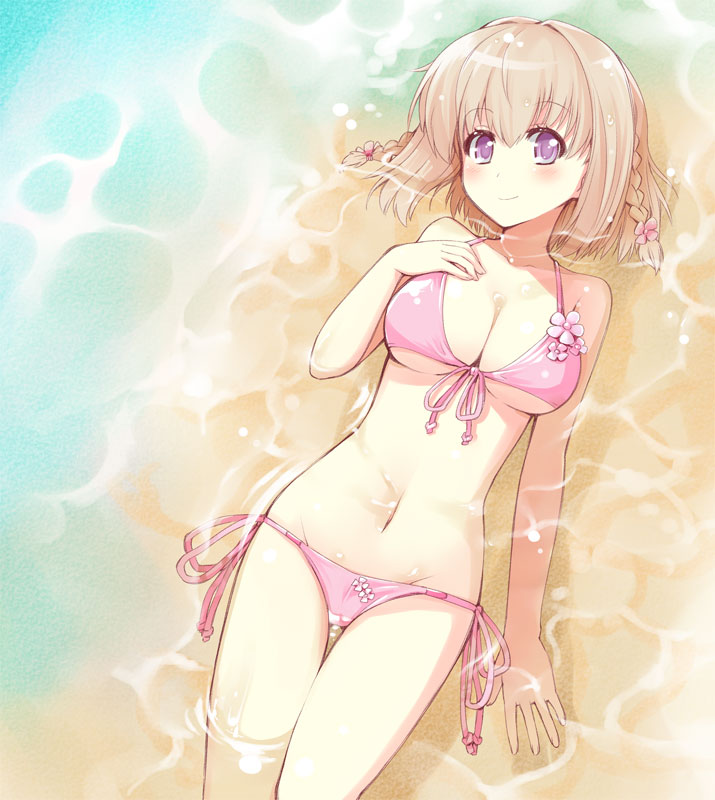 ar_tonelico ar_tonelico_iii beach bikini blush braid breasts brown_hair cleavage flower from_above front-tie_top gust hand_on_own_chest kamoto_tatsuya lying mound_of_venus navel on_back purple_eyes saki_(ar_tonelico) short_hair side-tie_bikini smile solo submerged swimsuit twin_braids under_boob underboob violet_eyes water water_in_navel
