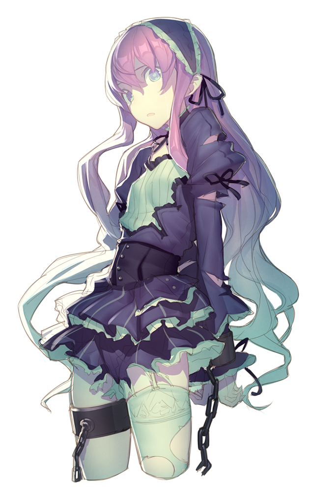 blue_eyes bound_wrists chain chains cropped_legs cuffs flat_chest garter_straps headdress long_hair looking_down manacles mckeee original pink_hair ribbon shackle simple_background skirt solo tears thigh-highs thighhighs torn_thighhighs