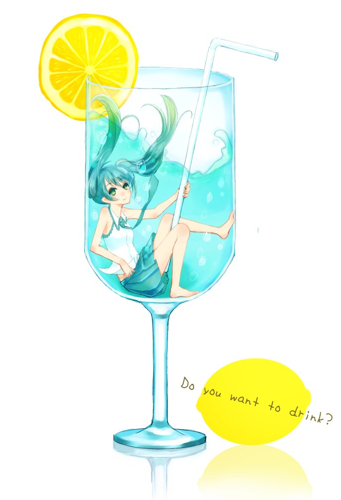 aqua_eyes aqua_hair cup drink floating_hair food fruit girl_in_a_cup hatsune_miku in_container in_cup lemon long_hair minigirl necktie sitting skirt solo straw twintails vocaloid yucca_(hitsujin)