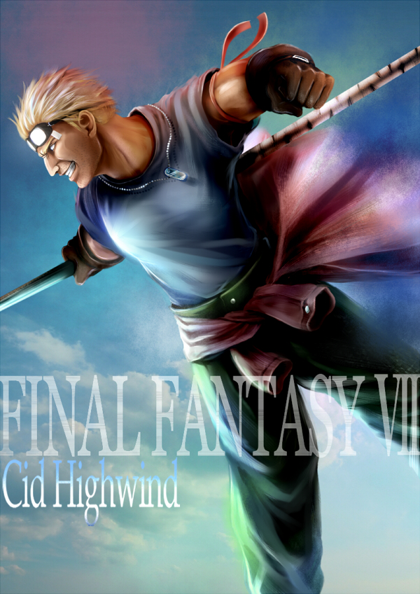 bad_id blonde_hair character_name cid_highwind dog_tags final_fantasy final_fantasy_vii final_fantasy_vii_advent_children gloves goggles goggles_on_head grin jacket_around_waist male polearm short_hair sky smile solo spear ten_(k1208) title_drop weapon