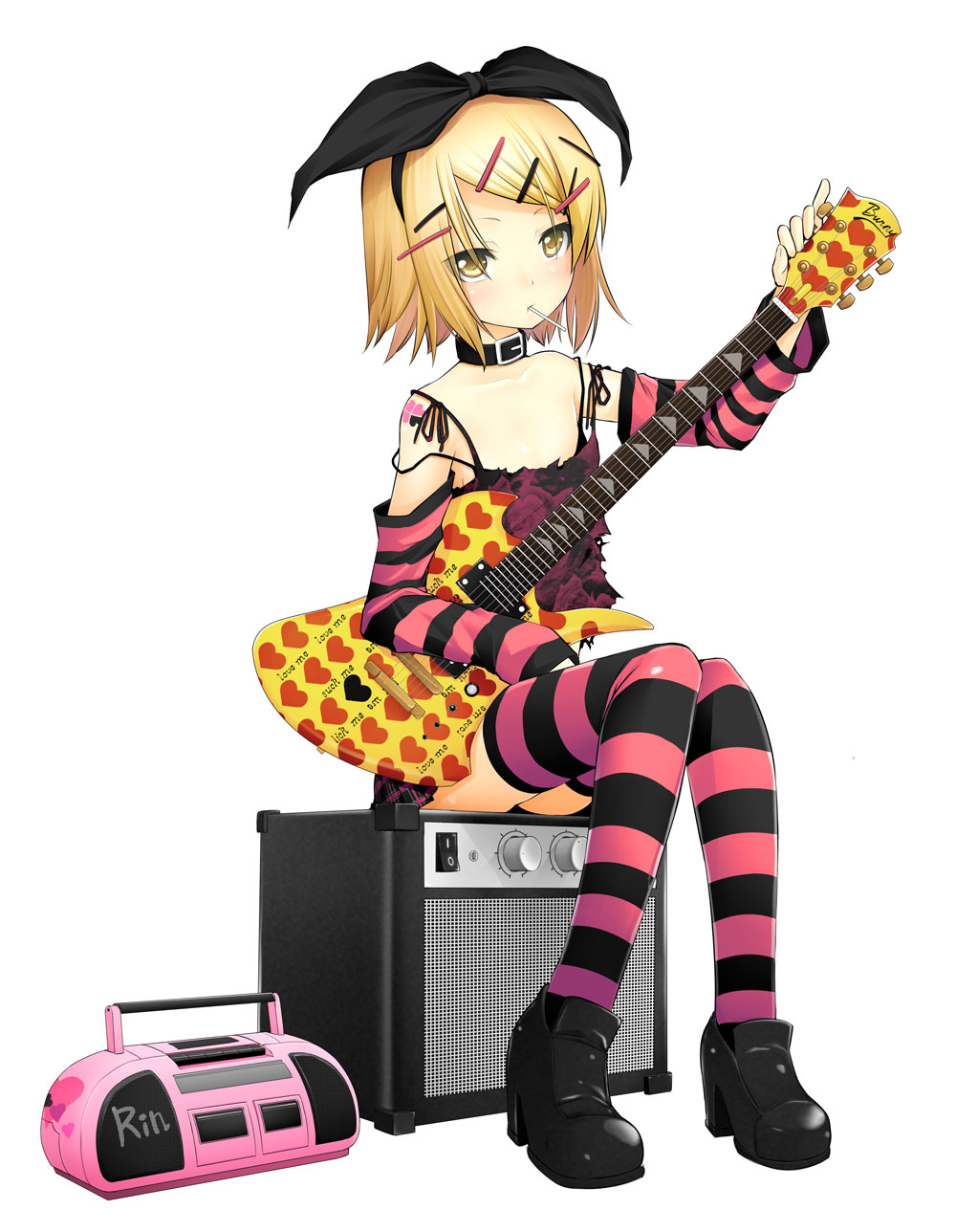 alternate_costume amplifier bangs bare_shoulders blonde_hair bow camisole candy collar detached_sleeves english expressionless guitar hair_bow hair_ornament hairclip heart highres instrument kagamine_rin kintarou_(kintarou's_room) kintarou_(kintarou's_room) lollipop mouth_hold plaid plaid_skirt shoes simple_background sitting skirt solo stereo strap_slip striped striped_legwear swept_bangs tartan tattoo thigh-highs thighhighs tsurime vocaloid yellow_eyes