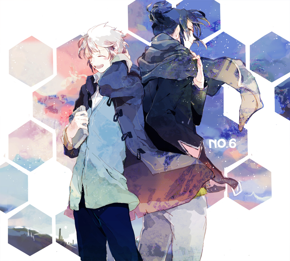 back-to-back blue_hair book closed_eyes coat eyes_closed jacket male multiple_boys nezumi_(no.6) no.6 open_mouth scarf shion_(no.6) short_hair sion_(no.6) smile white_hair yubari