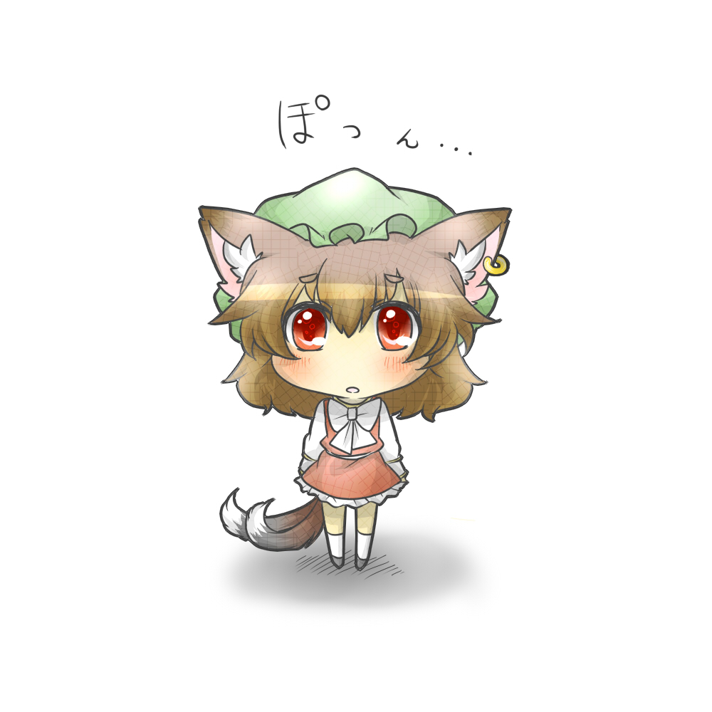 animal_ears blush brown_hair cat_ears cat_tail chen chibi earrings hat jewelry looking_up multiple_tails rebecca_(keinelove) rebecca_(naononakukoroni) red_eyes solo standing tail touhou