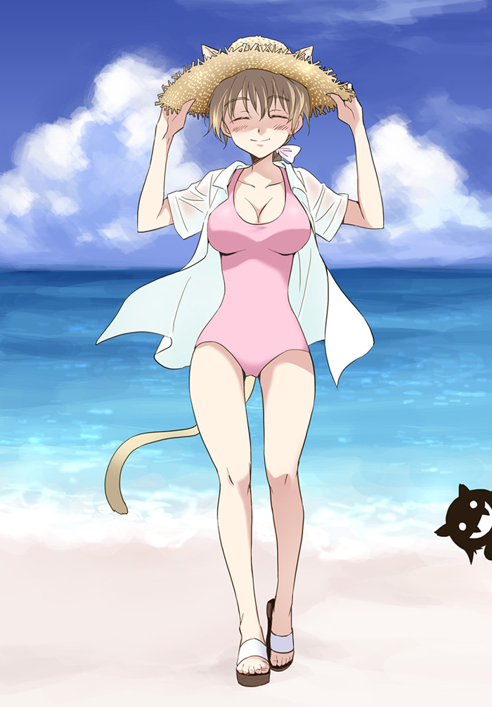 animal_ears blush breasts brown_hair casual_one-piece_swimsuit cat_ears cat_tail cleavage closed_eyes cloud eyes_closed fang hand_on_hat hat large_breasts lynette_bishop miyafuji_yoshika ocean one-piece_swimsuit sandals shirt silhouette silhouette_demon sky smile straw_hat strike_witches sun_hat swimsuit tail water