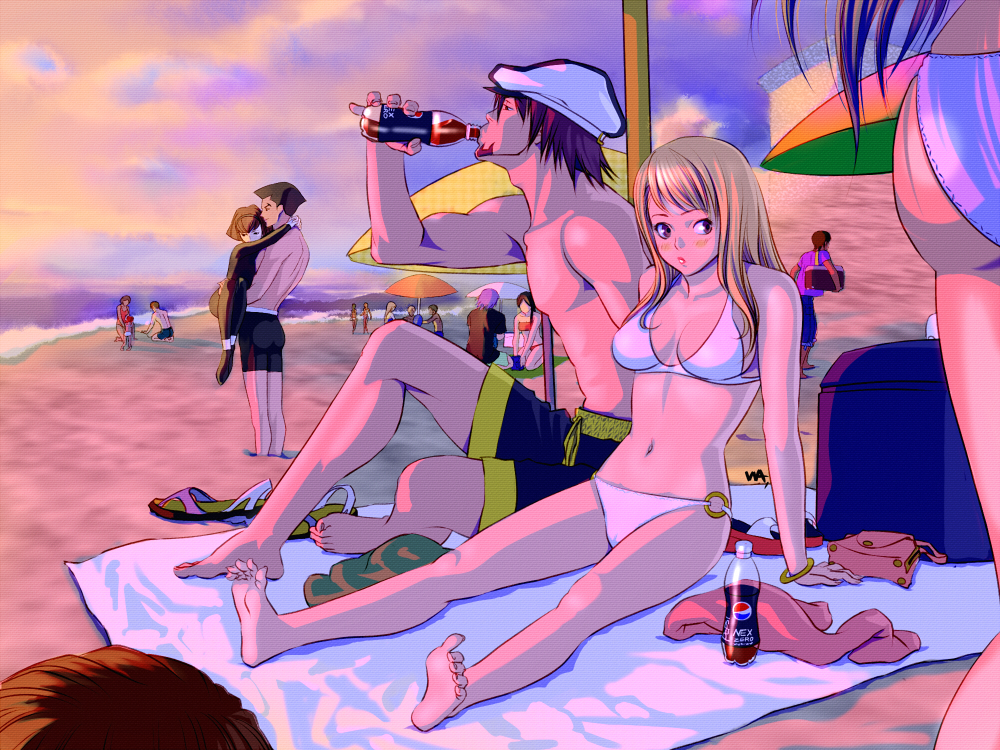 beach bikini bottle cabbie_hat company_connection creator_connection crossover feet hat kaburagi_t_kotetsu karina_lyle pepsi pepsi_nex product_placement r_dorothy_wayneright roger_smith shorts swim_trunks swimsuit the_big_o tiger_&amp;_bunny wakino_keibun wakino_yoshifumi wetsuit