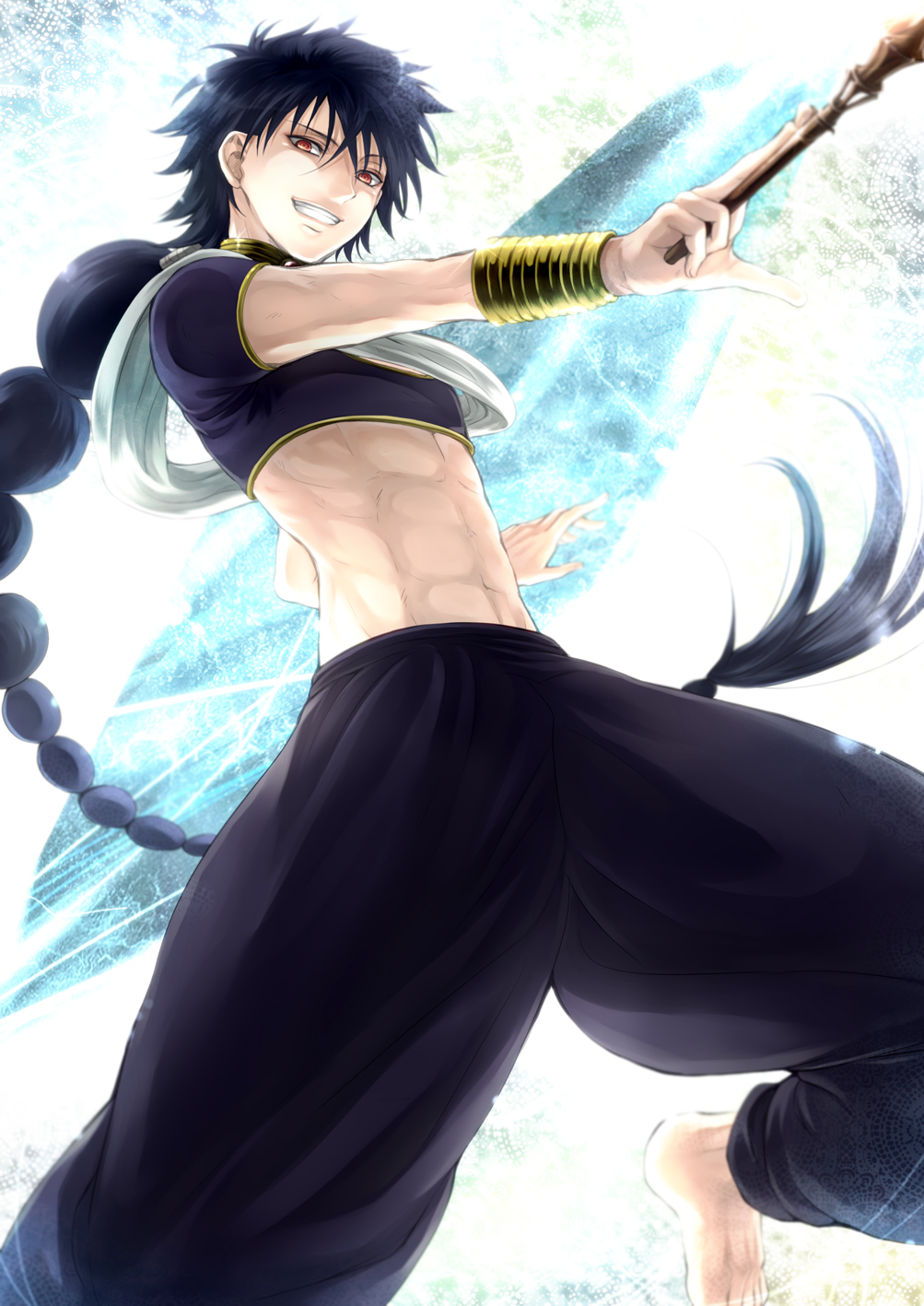 abs baggy_pants black_hair braid highres jewelry judal long_hair magi_the_labyrinth_of_magic male midriff neck_ring porry red_eyes single_braid solo wand