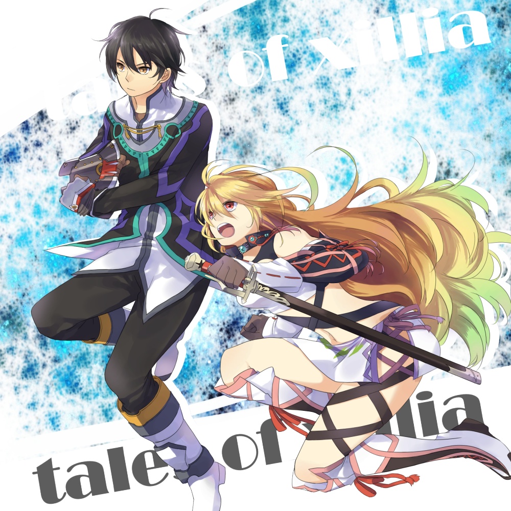 black_hair blonde_hair boots brown_eyes choker coat gloves gradient_hair green_hair jude_mathis long_hair midriff milla_maxwell multicolored_hair open_mouth pants red_eyes skirt sword tales_of_(series) tales_of_xillia title_drop una weapon
