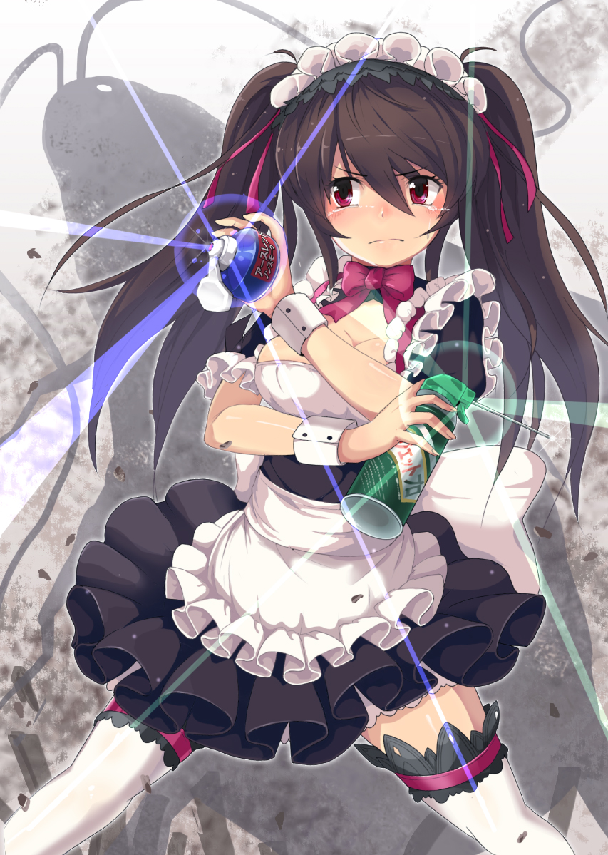 bow breasts brown_hair cleavage frills garters hair_ribbon insecticide lens_flare long_hair maid maid_headdress nigoro original red_eyes ribbon skirt standing tears thigh-highs thighhighs twintails white_legwear wrist_cuffs