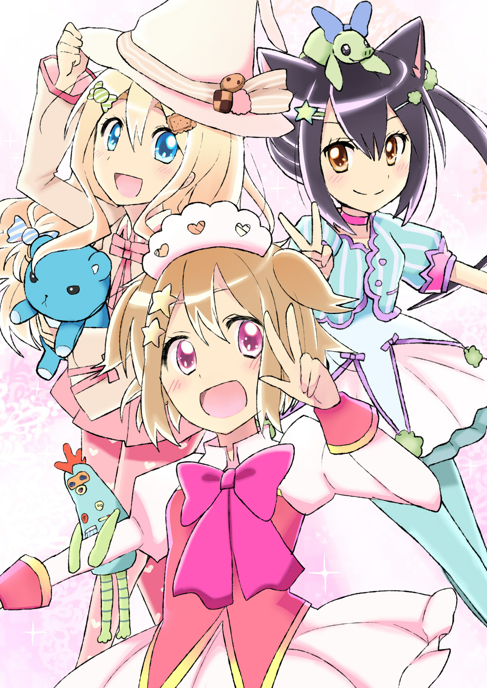 animal_ears bad_id black_hair blonde_hair blue_eyes brown_eyes brown_hair cat_ears cosplay gum_(vivid_garden) hat highres hirasawa_yui k-on! kotobuki_tsumugi long_hair magical_girl multiple_girls nakano_azusa robot short_hair stuffed_animal stuffed_toy teddy_bear ton-chan twintails v witch_hat