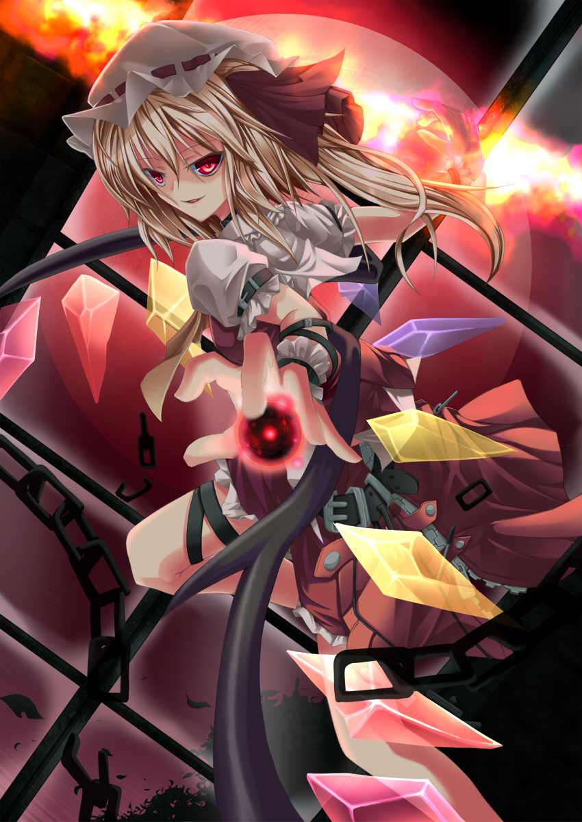 alternate_costume ascot belt blonde_hair chain chains dear_chaos energy_ball fire flandre_scarlet full_moon hat highres leaf moon red_eyes ribbon side_ponytail smirk solo the_embodiment_of_scarlet_devil thigh_strap touhou window wings zipper