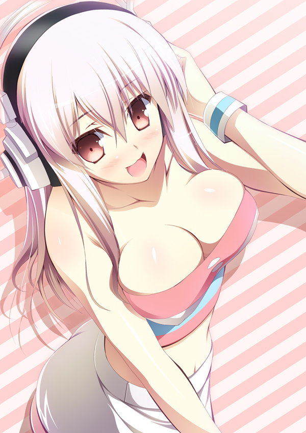 blush breasts cleavage down_blouse headphones large_breasts long_hair midriff navel nitroplus open_mouth pink_eyes pink_hair solo sonico soniko strapless super_sonico yuuki_makoto