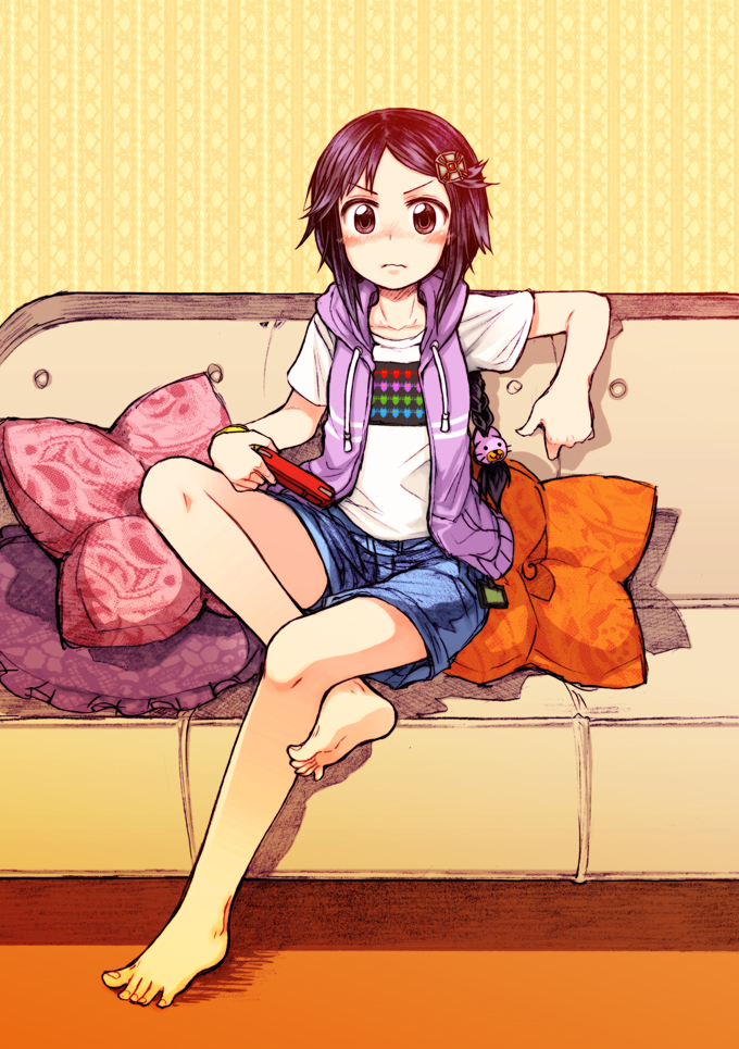 2girls bare_legs barefoot blush braid couch crossed_legs denim denim_shorts feet hair_ornament handheld hoodie idolmaster long_hair miyoshi_sana multiple_girls ruiko_(sad) shorts sitting t-shirt video_game