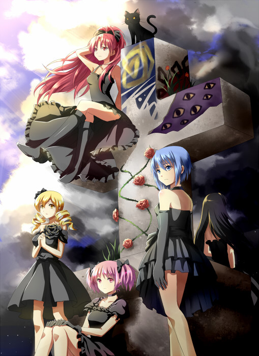 adapted_costume adjusting_hair akemi_homura alternate_costume althea_(sakiya0000) bare_shoulders black_dress black_hair blonde_hair blue_eyes blue_hair boots breasts cat choker cross dress drill_hair elbow_gloves flower gloves hair_ornament hair_ribbon hairband kaname_madoka long_hair mahou_shoujo_madoka_magica miki_sayaka multiple_girls pink_eyes pink_hair ponytail red_eyes red_hair redhead ribbon rose sakura_kyouko short_hair short_twintails sunbeam sunlight tomoe_mami twintails yellow_eyes