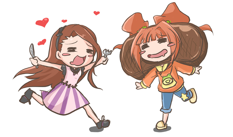 blush_stickers brown_hair chibi costume food fork hairband heart hungry idolmaster jeans jin_(lili_to_marigold) knife long_hair minase_iori open_mouth orange_hair outstretched_arms pants running short_hair slippers smile star steak takatsuki_yayoi twintails