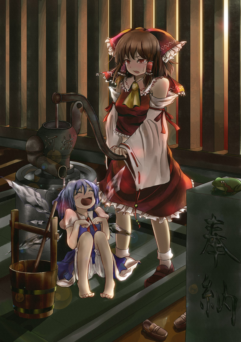 ^_^ ascot barefoot bloomers blue_dress blue_hair bow brown_hair cirno closed_eyes detached_sleeves dress eyes_closed frog hair_bow hair_tubes hakurei_reimu hakurei_shrine hands_on_own_chest hands_to_chest loafers midriff miko multiple_girls open_mouth pump red_eyes shiina_shian shirt shoes shoes_removed sitting skirt skirt_set smile socks touhou well white_legwear wings