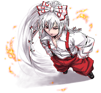 bow fire from_above fujiwara_no_mokou hair_bow hands_in_pockets long_hair lowres oekaki pants perspective shirt silver_hair solo suspenders tatsuya_(atelier_road) touhou white_shirt wink