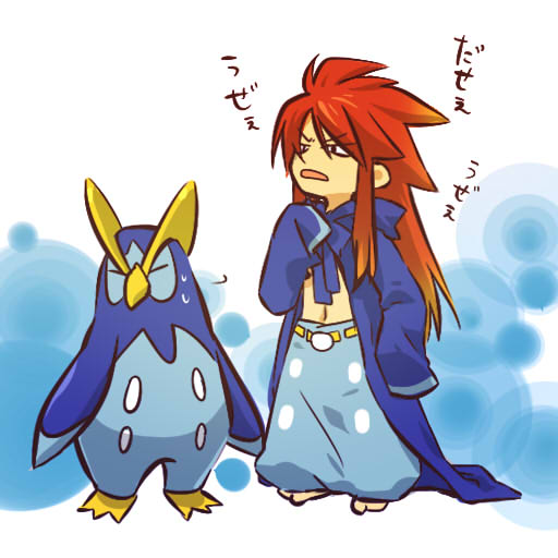 1boy closed_eyes cosplay crossover hitec human japanese_text long_hair luke_fon_fabre male midriff moemon navel open_mouth pants personification pokemon pokemon_(creature) pokemon_(game) pokemon_dppt prinplup red_hair redhead sleeves_past_wrists sweatdrop tales_of_(series) tales_of_the_abyss translated translation_request