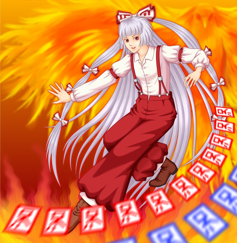 boots bow danmaku fiery_wings fire fujiwara_no_mokou hair_bow hinode_kotobuki long_hair long_sleeves outstretched_arm pants red_eyes shoes silver_hair solo suspenders touhou very_long_hair wings