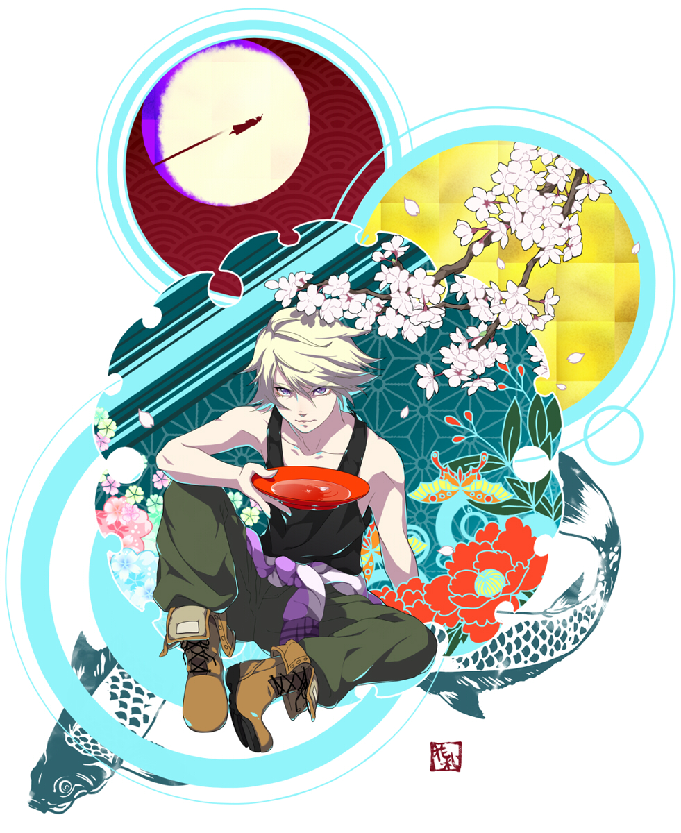 asa_no_ha_(pattern) blonde_hair boots camellia_(flower) cherry_blossoms dish fish flower flying full_moon highres ivan_karelin jacket keith_goodman letterman_jacket male moon purple_eyes purple_jacket sakazuki samurai10932 seigaiha short_hair sky_high solo superhero tank_top tiger_&amp;_bunny violet_eyes