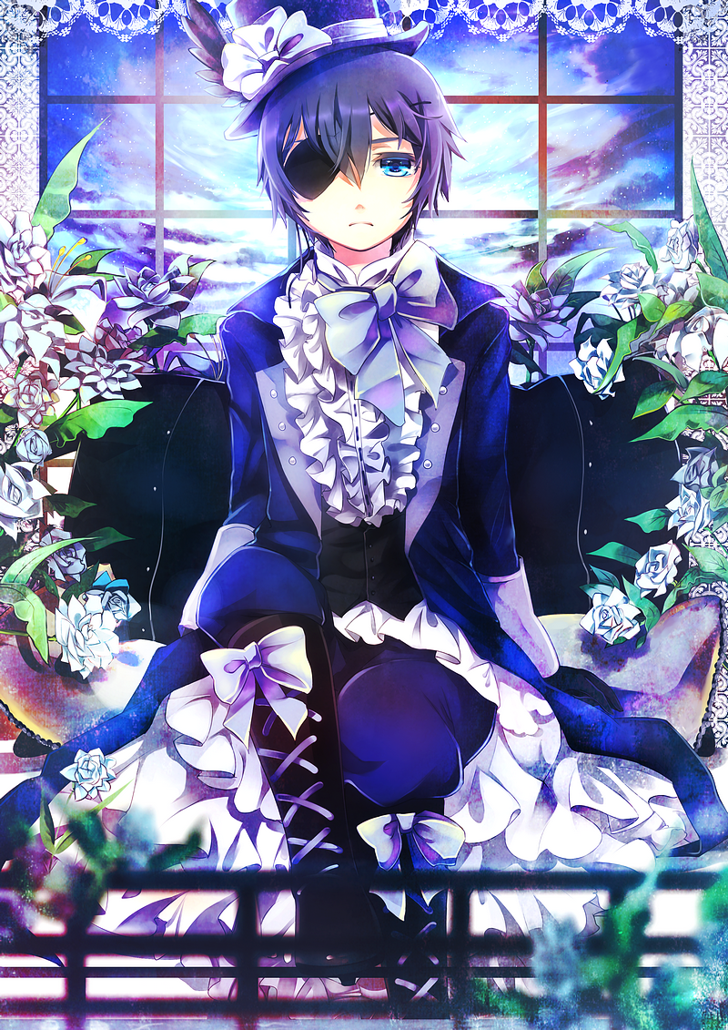 blue_eyes blue_hair boots bow ciel_phantomhive cloud eyepatch flower hat kuroshitsuji lulu_season male sitting solo top_hat