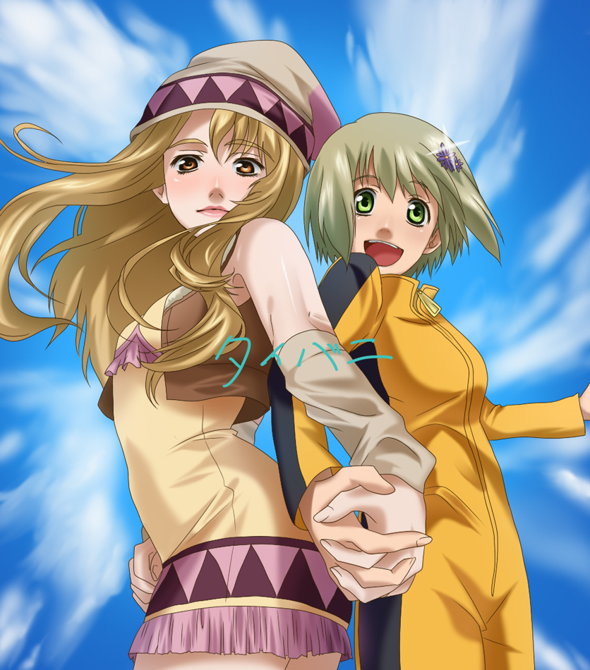 bare_shoulders blonde_hair brown_eyes bruce_lee's_jumpsuit bruce_lee's_jumpsuit cropped_jacket detached_sleeves dress green_eyes hat huang_baoling jacket karina_lyle lion_(macross_frontier) long_hair macross macross_frontier multiple_girls parody ranka_lee sheryl_nome short_hair short_jacket sky sleeveless sleeveless_dress sousui_yasana tiger_&amp;_bunny vest