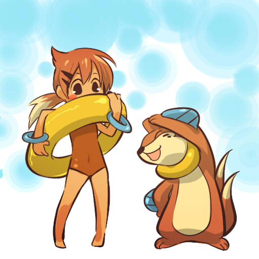 1girl blush_stickers bracelet brown_hair buizel closed_eyes cosplay dark_skin eyes_closed female hair hair_ornament hairclip hitec human innertube jewelry long_hair moemon multicolored_hair one-piece_swimsuit personification pokemon pokemon_(creature) pokemon_(game) pokemon_dppt ponytail smile stretch swimsuit tail two-tone_hair