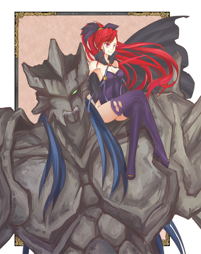 1girl alicesoft armor bare_shoulders blue_hair boots breasts caesar_(rance) cape carrying cleavage frame full_armor green_eyes hair_ornament hair_ribbon leotard long_hair ponytail purple_legwear rance_(series) rance_quest red_eyes red_hair redhead ribbon satella sitting sitting_on_person size_difference smile thigh-highs thigh_boots thighhighs thighs touyama_(terada) very_long_hair