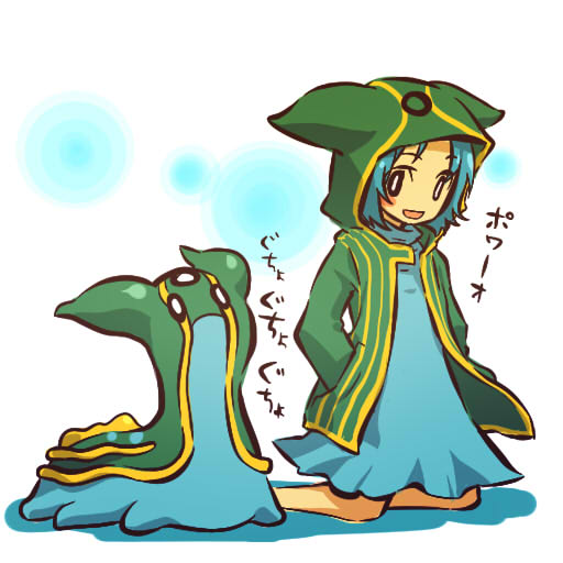 1girl blush_stickers cosplay dress gastrodon hair hands_in_pockets hitec hoodie human jacket kneeling male moemon open_mouth personification pokemon pokemon_(creature) pokemon_(game) pokemon_dppt short_hair smile translation_request