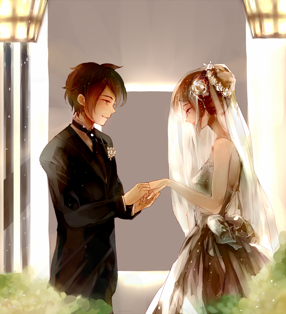 1girl blush bridal_veil bride brown_eyes brown_hair couple dress endou_mamoru inazuma_eleven inazuma_eleven_(series) inazuma_eleven_go jewelry komkomx long_hair marriage raimon_natsumi ring short_hair smile tuxedo veil wedding wedding_dress wedding_ring