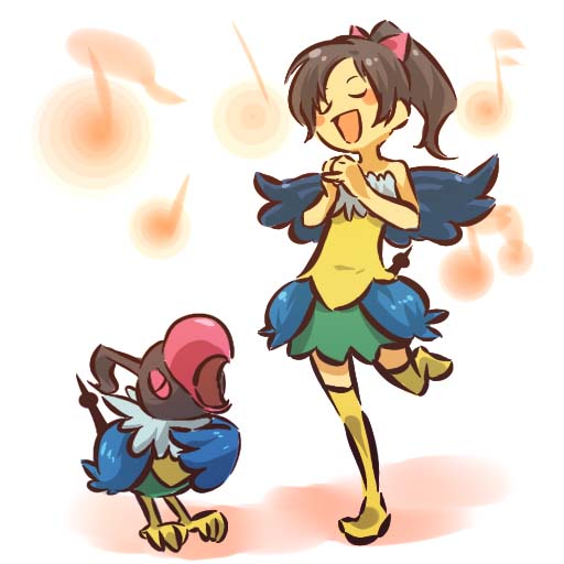 1girl bare_shoulders bird black_hair blush_stickers bow chatot closed_eyes cosplay dress female hair hair_bow hitec human moemon musical_note open_mouth personification pinky_out pokemon pokemon_(creature) pokemon_(game) pokemon_dppt ponytail singing smile tail thigh-highs thighhighs wings zettai_ryouiki